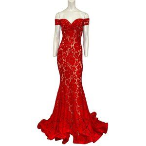 Jessica Angel 530 Lace Off Shoulder Cut Out Back Maxi Gown Red Size Small NWT